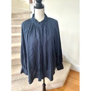 J.Crew Navy & Black Checked Plaid Ruffle Collar Button Front Blouse